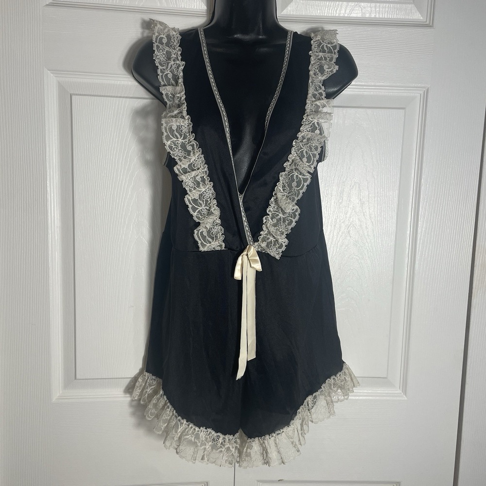 Vintage Elizabeth Of NY Teddy Women Small Black Beige Lace Trim 90s Bodysuit Bow